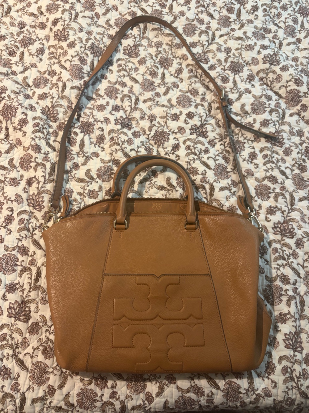 Tory Burch Cognac Pebbled Leather Tote + Crossbody Strap
